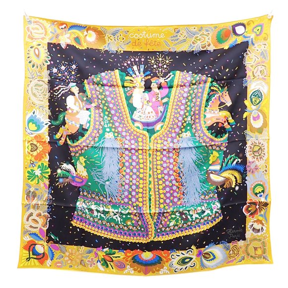 Hermes Hermès Scarf/Muffler, Carré 90, Women's, Black, Orange Multicolor, Sil... - Picture 1 of 5